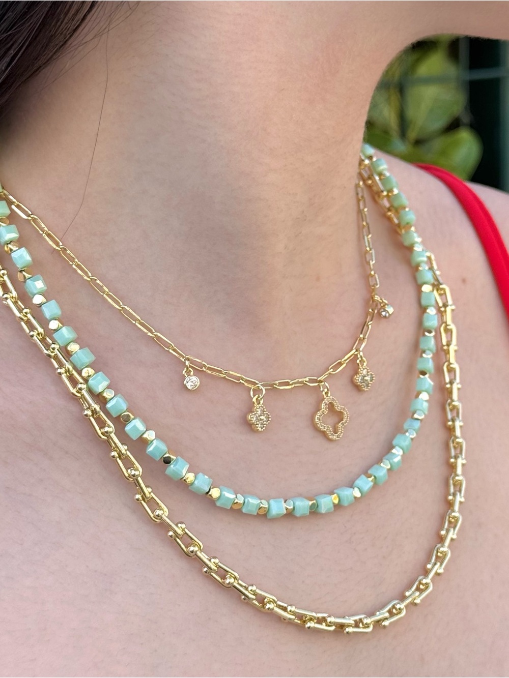 Light Turquoise Bead & Gold Tone Accent Necklace Summer Adjustable Choker